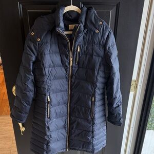 Michael Kors Navy Quilted Puffer long Coat with Gold Accents XL like new